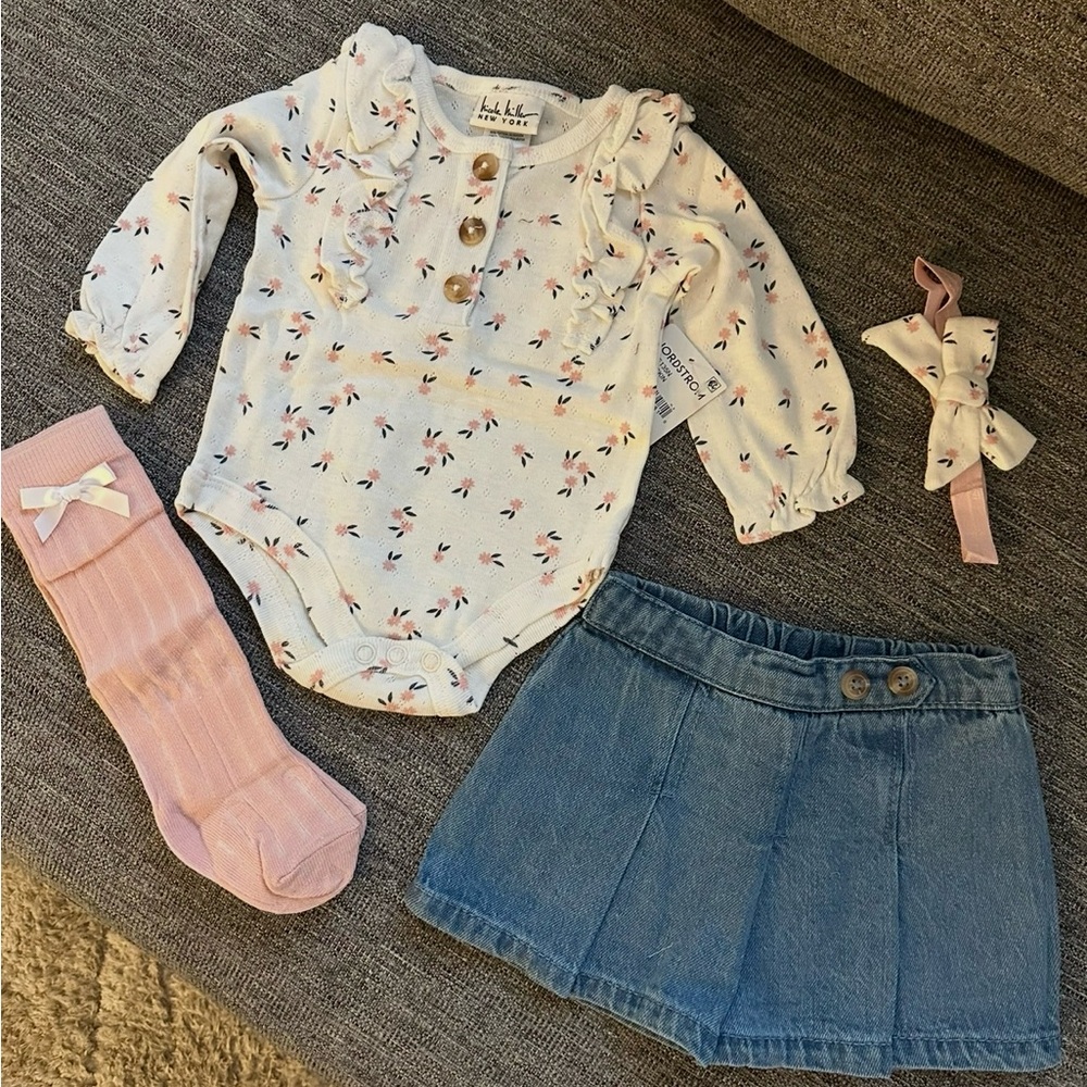 Nicole Miller White and Pink Floral Baby Top and Skirt with accessories